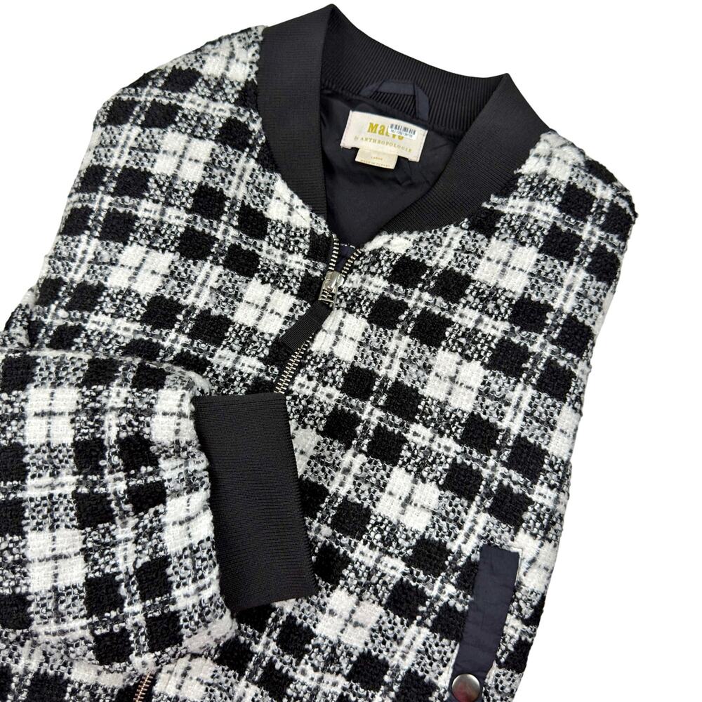 Anthropologie Maeve Black White Plaid Cropped Tweed Bomber Jacket LARGE - Picture 2 of 12
